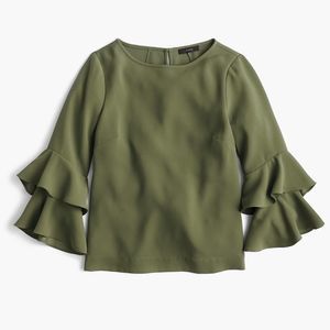 J. Crew Size 0 Tiered Bell Sleeve Top In Drapey Crepe Loden Green Back Keyhole